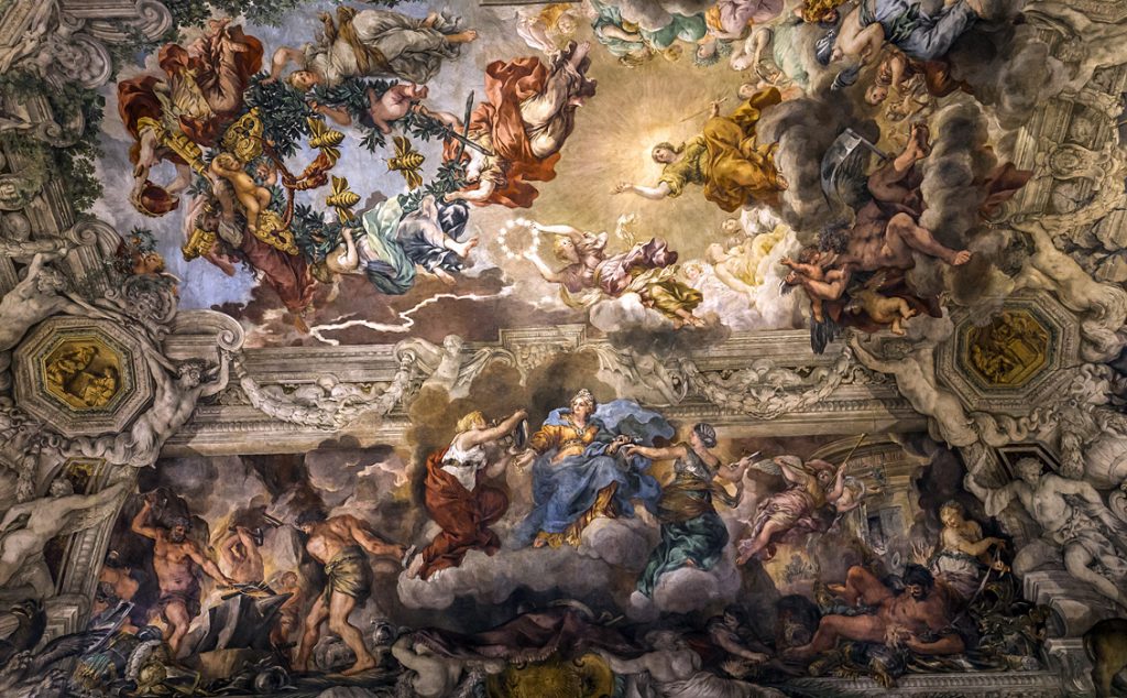 Palazzo Barberini - Část Cortonovy fresky oslavující rod Barberiniů