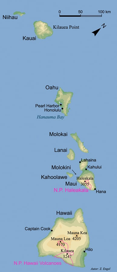 Havaj - mapa souostroví