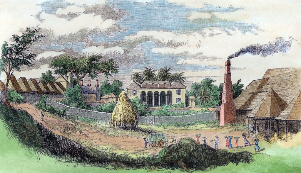 Cukr a rum - Třtinová plantáž na rytině z roku 1852, později kolorované – vlevo ubikace otroků, uprostřed vila majitele, vpravo cukrovar