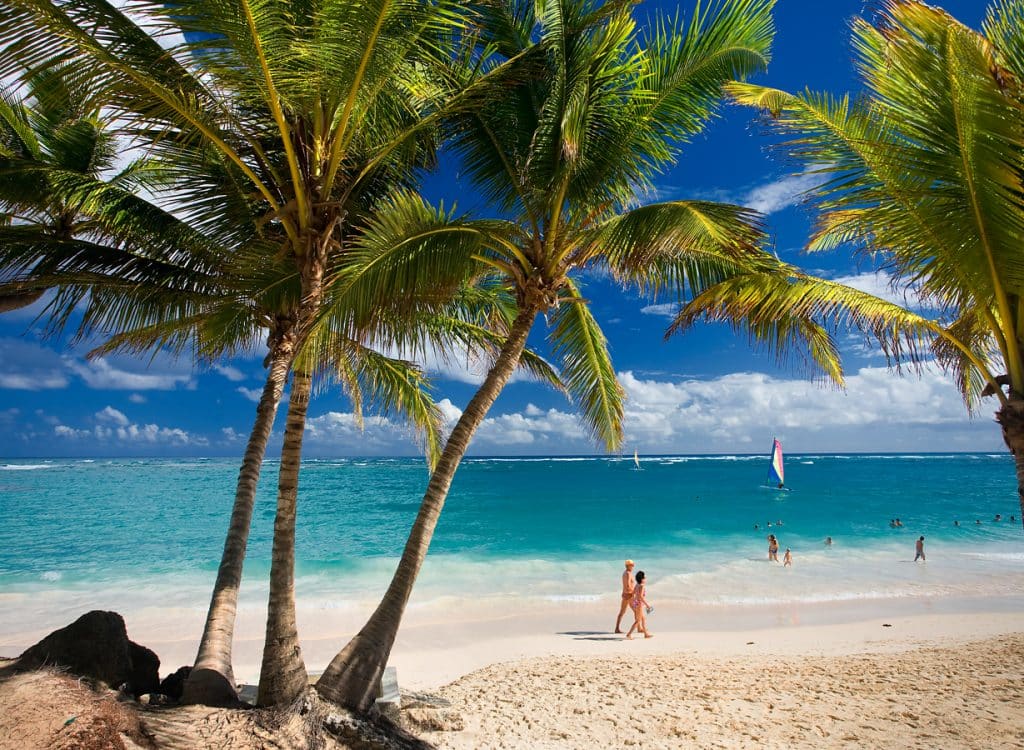 Dominikánská republika - písečná pláž s palmami a turisty