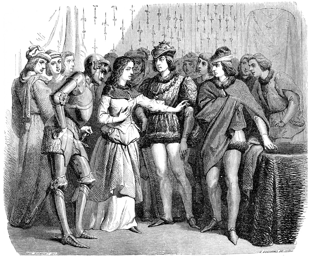 Hrad Chinon - rytina zobrazující setkání Karla VII. s Johankou z Arku