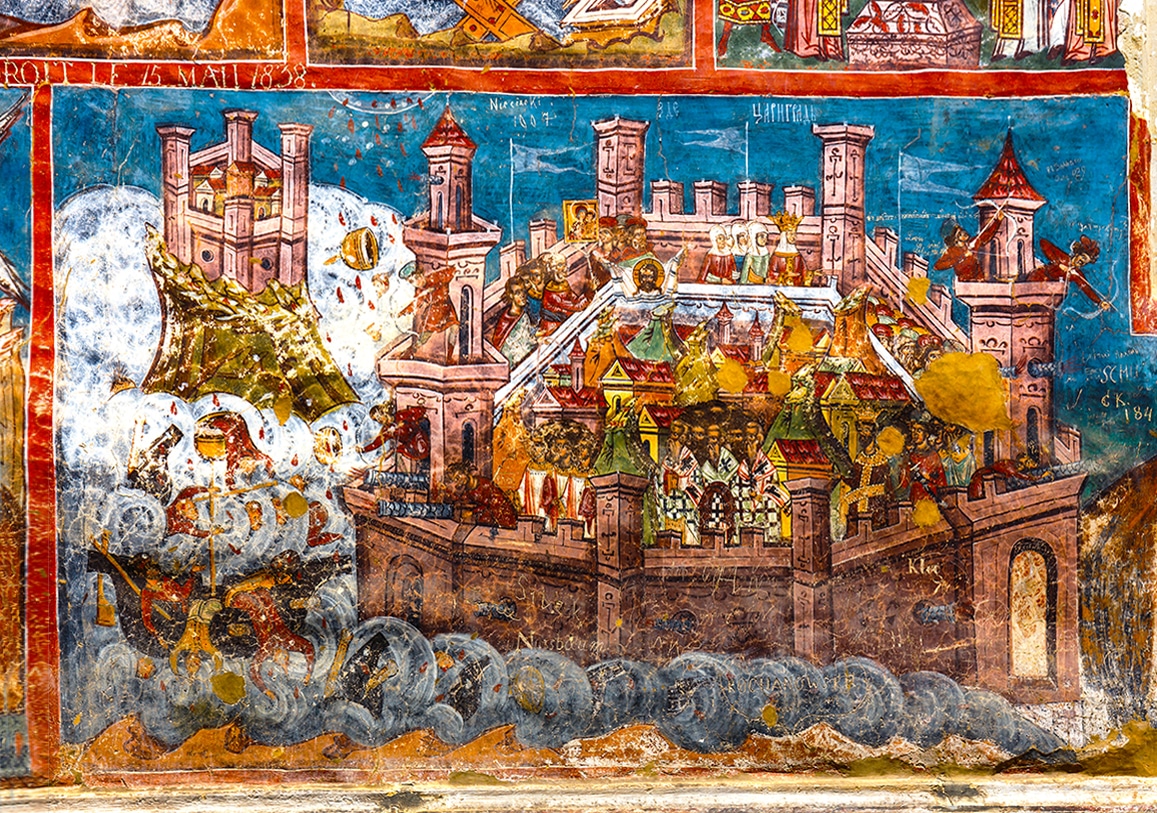 Malované kláštery - Slavný výjev obléhání Konstantinopole z kláštera Moldoviţa