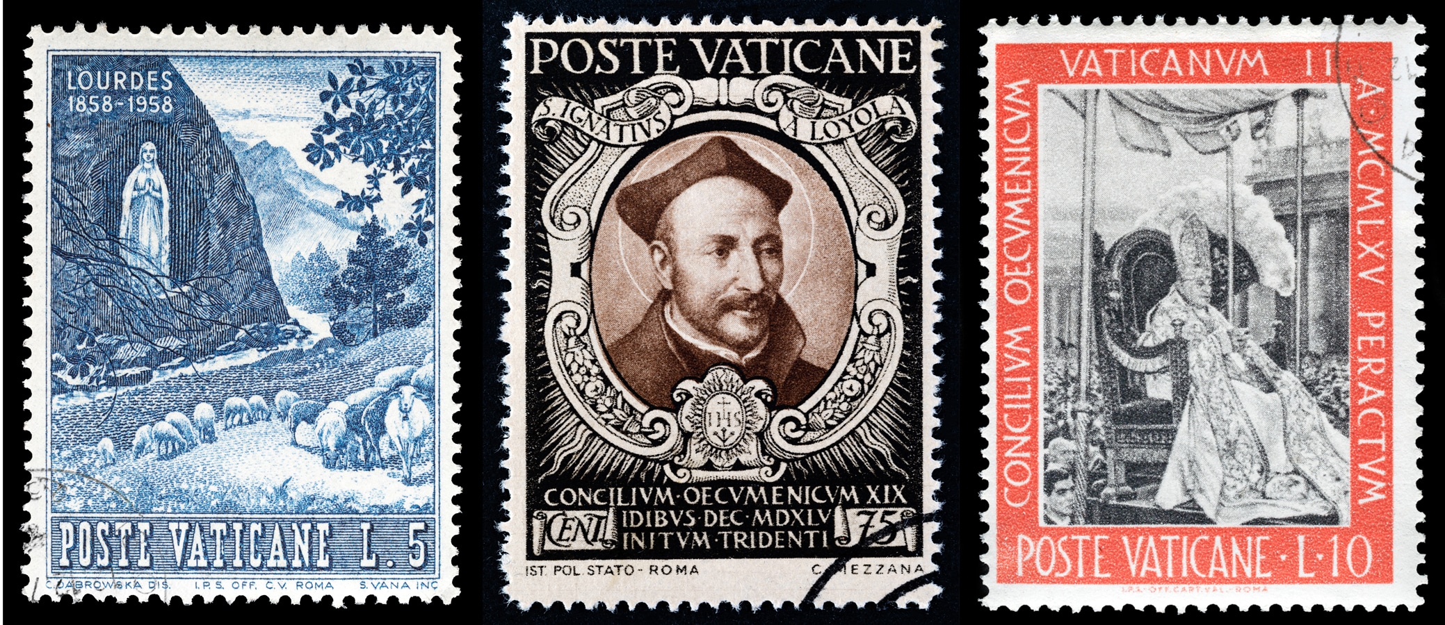 Vatikánské známky s motivy sv. Ignáce z Loyoly, Panny Marie Lurdské a papeže Jana XXIII.
