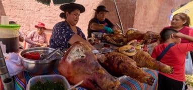 Streetfood v Peru - trhané vepřové z různých partií upečeného prasete, žemle a zelenina