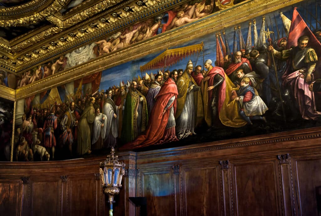 Marco Vecelli: Setkání papeže Klimenta III. s císařem Karlem V. v Bologni roku 1529, z výzdoby sálu Velké rady v Dóžecím paláci v Benátkách