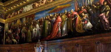 Marco Vecelli: Setkání papeže Klimenta III. s císařem Karlem V. v Bologni roku 1529, z výzdoby sálu Velké rady v Dóžecím paláci v Benátkách